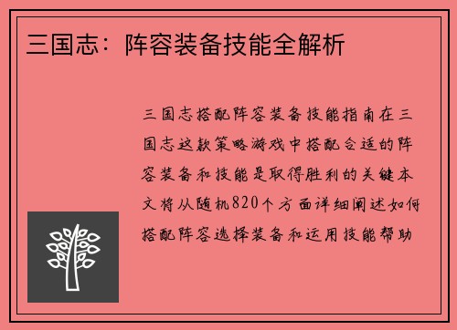 三国志：阵容装备技能全解析